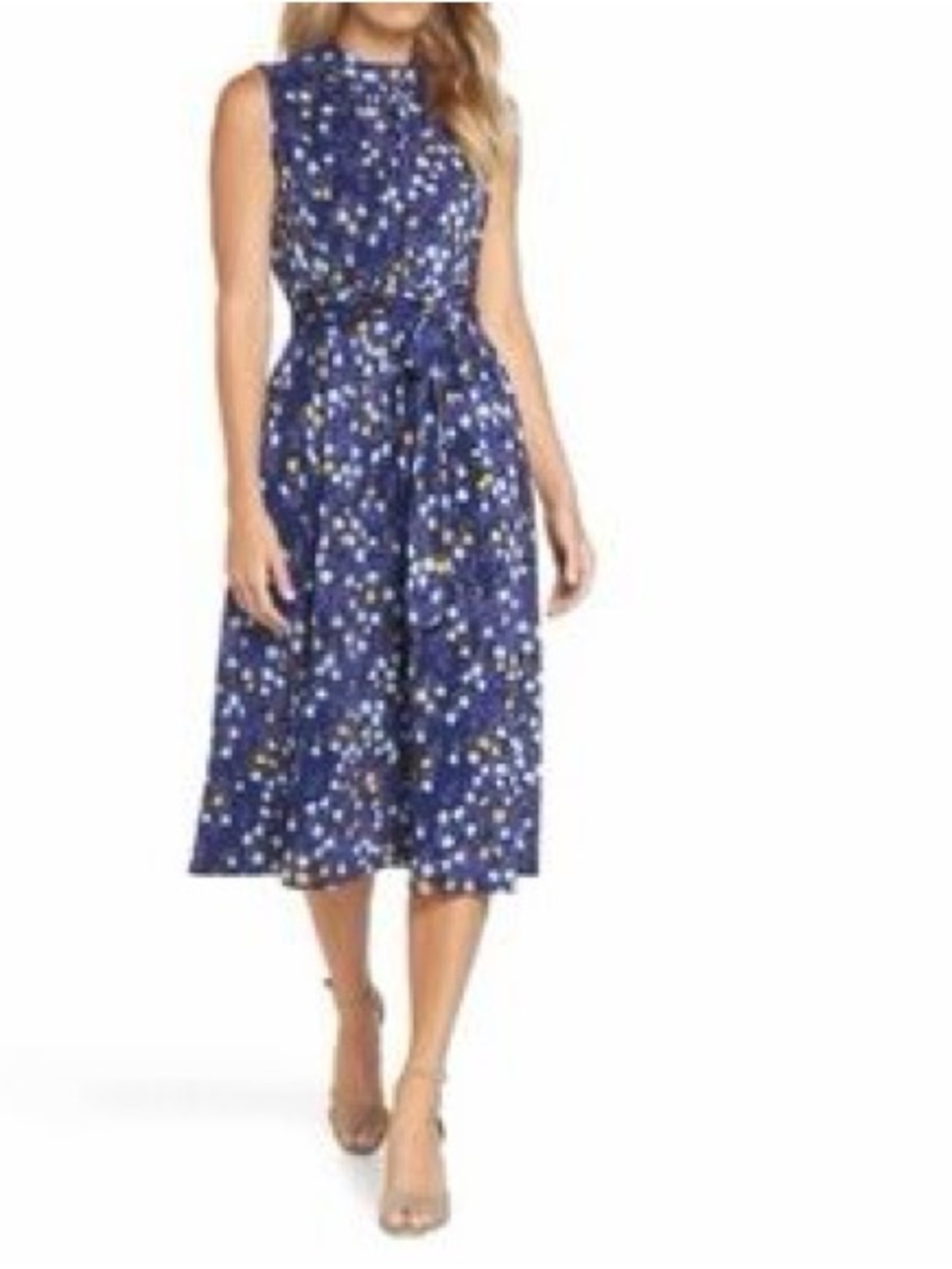 Leota (S) Sleeveless Floral Tie-Waist Midi Dress in Blue and Yellow